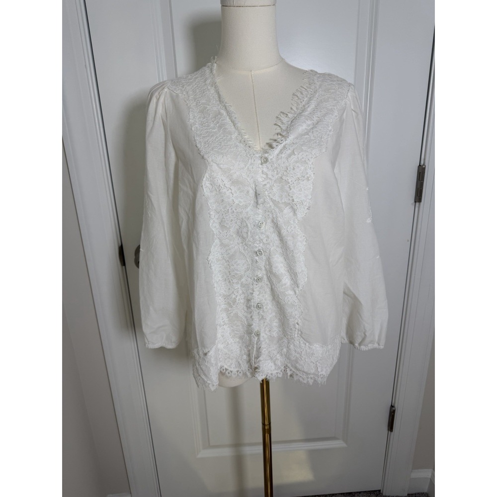 Talbots White V-Neck Button Front Lace Trim Voile Top Blouse Size Large Cottage